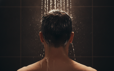 Achteraanzicht van een man die pomade uit zijn haar wast onder de douche