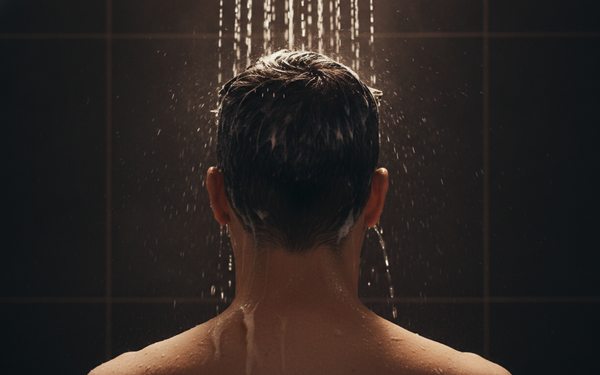 Achteraanzicht van een man die pomade uit zijn haar wast onder de douche