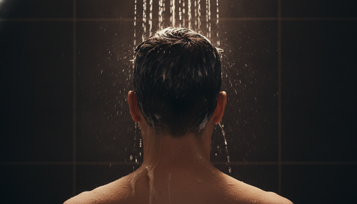 Achteraanzicht van een man die pomade uit zijn haar wast onder de douche