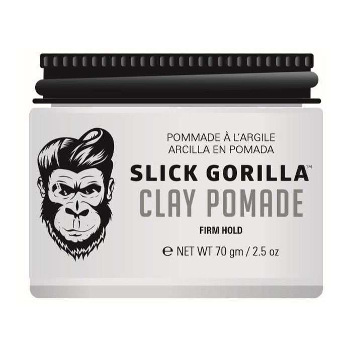 Slick Gorilla Clay Pomada, tarro visto desde arriba con logo de mono y Firm Hold en la etiqueta