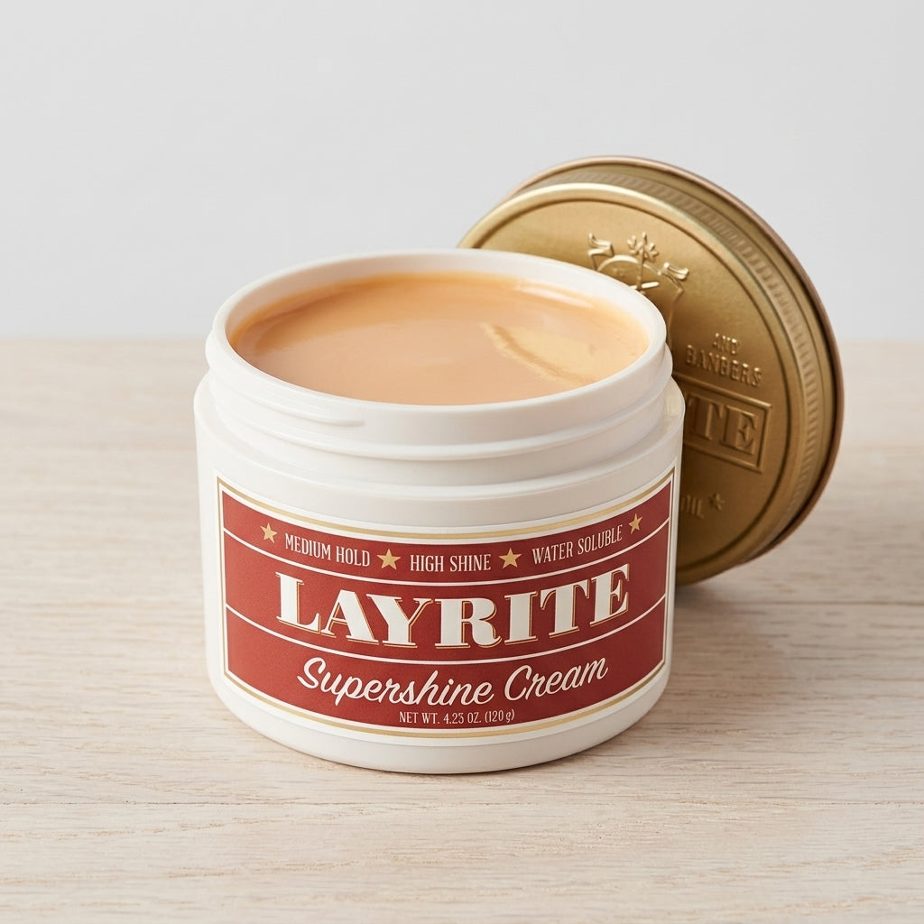 Layrite Supershine Cream, tarro abierto con producto