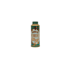 BROSH Styling Powder, vista frontal de bote espolvoreador verde con letras cobrizas