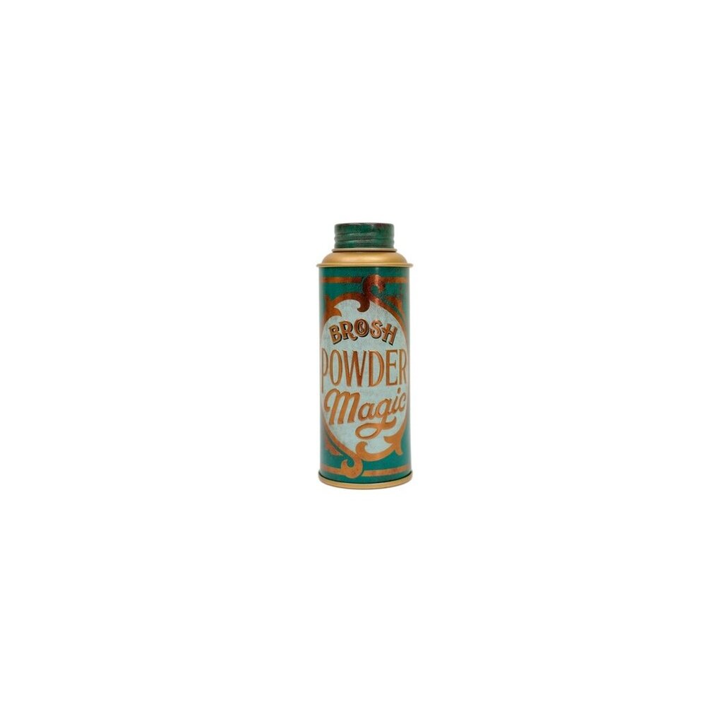 BROSH Styling Powder, vista frontal de bote espolvoreador verde con letras cobrizas
