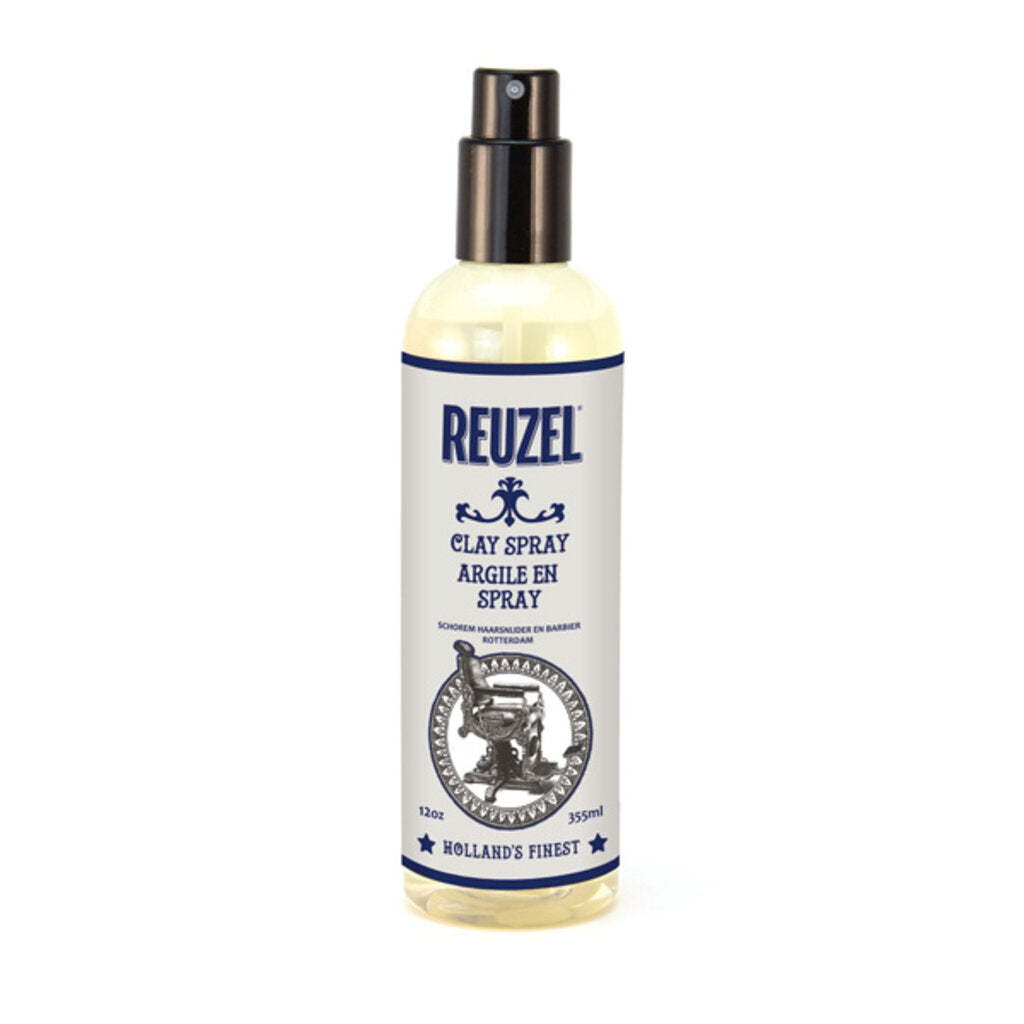 Reuzel Clay Spray 355ml, vista frontal de botella pulverizadora sobre fondo blanco
