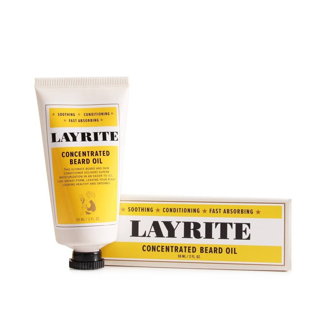 Layrite Concentrated Beard Oil, tubo junto a caja, vista frontal con etiqueta