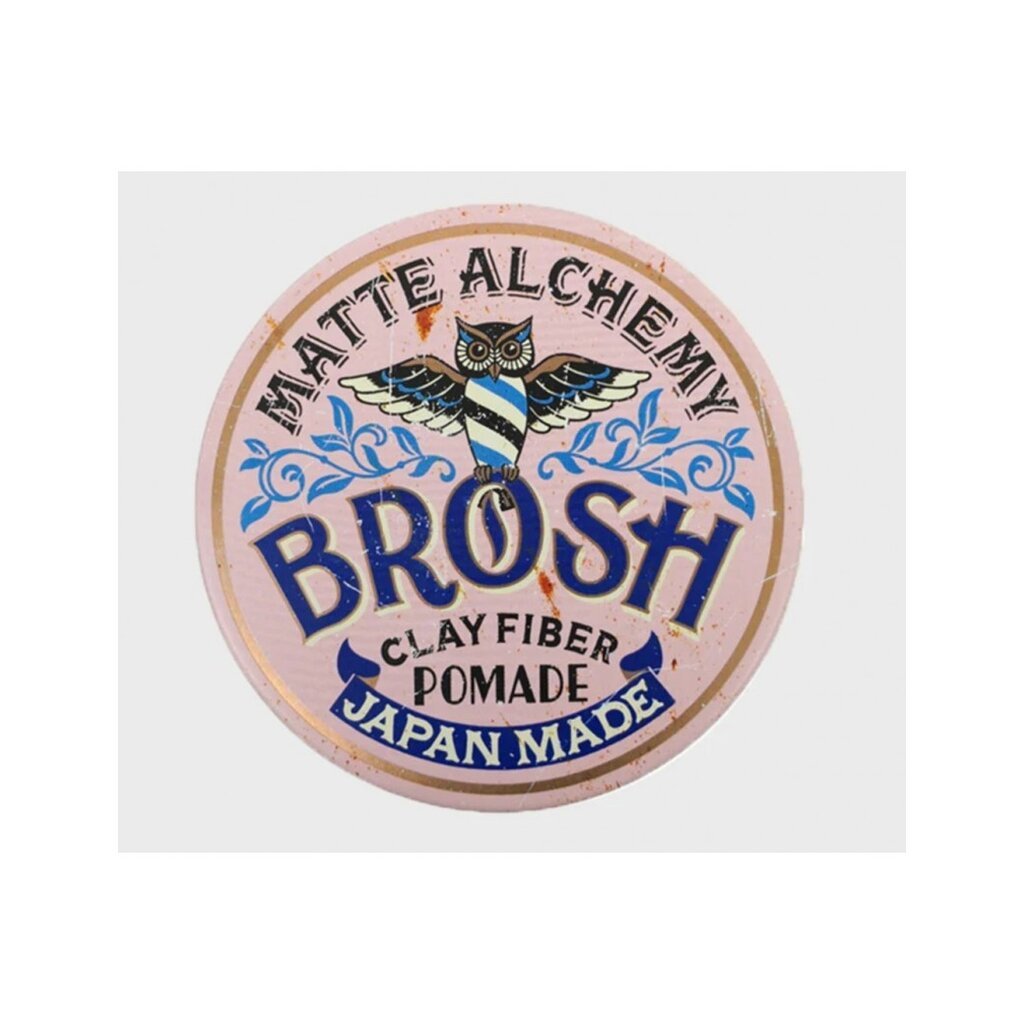 BROSH Clay Fiber Pomade, vista superior de tapa rosa con logo de búho sobre fondo blanco