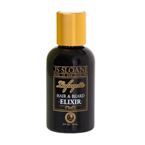 JS Sloane Hair & Beard Elixir, vista frontal de botella negra con tapón dorado