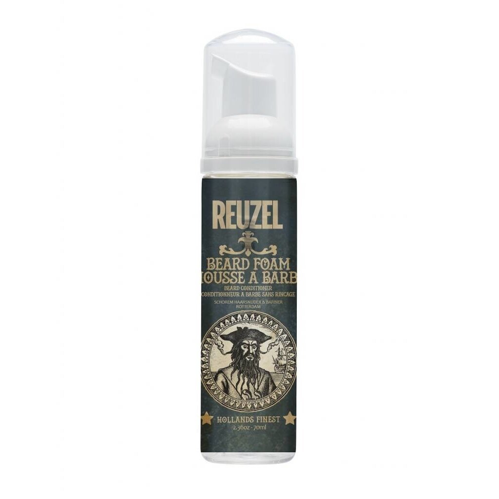 Reuzel Beard Foam, vista frontal de botella con dosificador sobre blanco