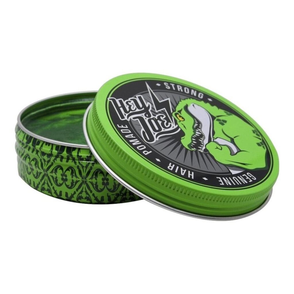 Hey Joe! Strong Pomade (Verde), lata verde abierta con tapa y contenido visible