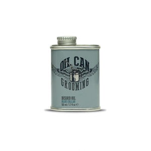 Oil Can Grooming Aceite para barba Blue Collar, vista frontal de lata sobre fondo blanco