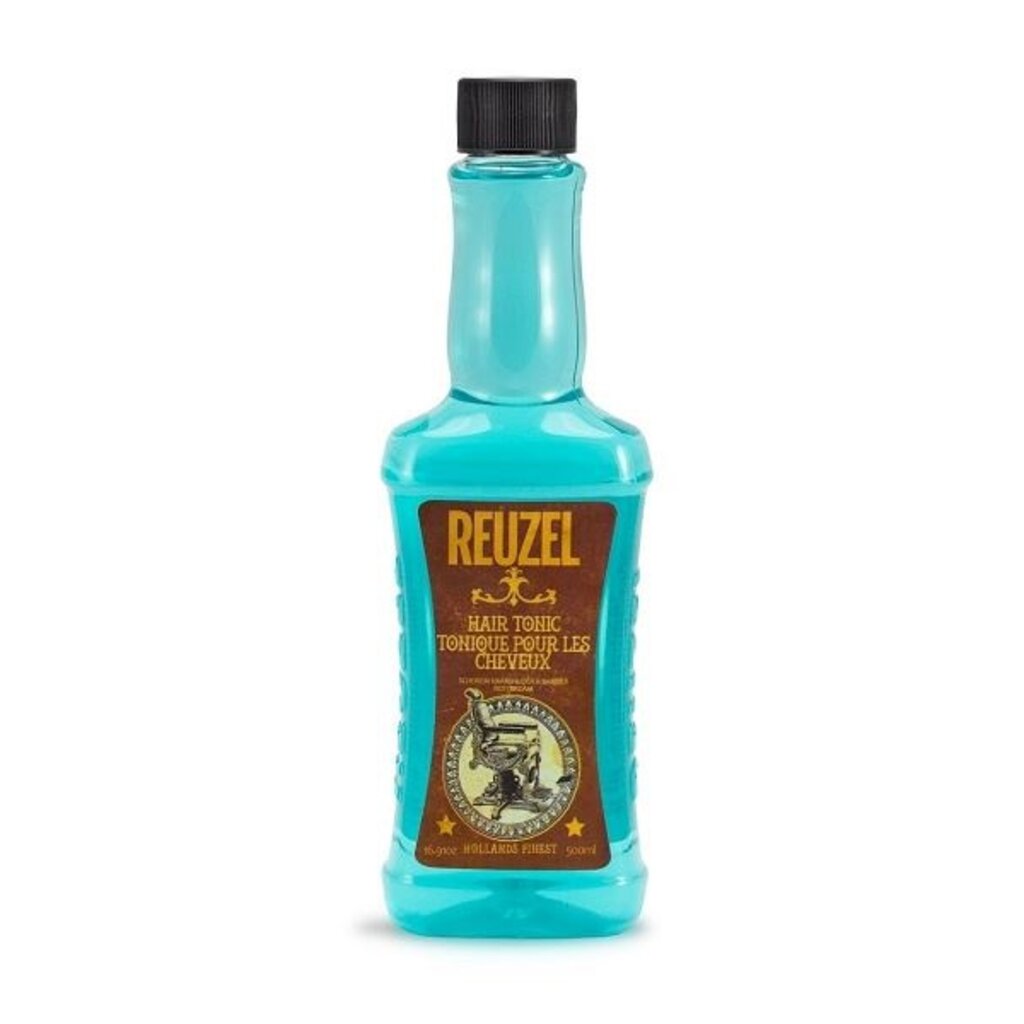 Reuzel Hair Tonic 500ml, vista frontal de botella turquesa con etiqueta marrón