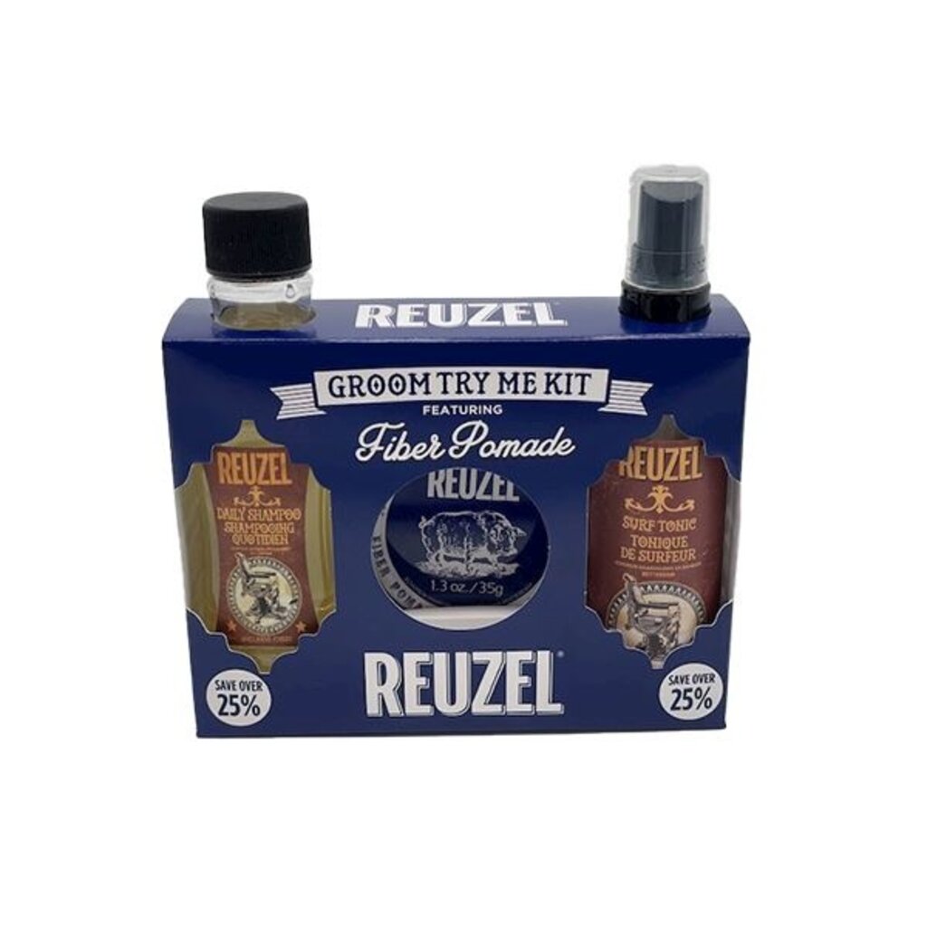 Reuzel Groom Try Me Kit Fiber, vista frontal de caja de embalaje con champú, pomada y tónico