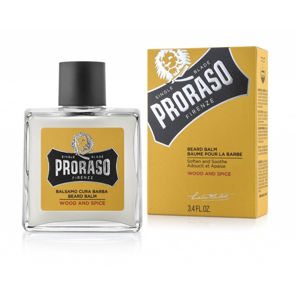 Proraso Beard Balm Wood & Spice, frasco de vidrio junto a caja de embalaje amarilla
