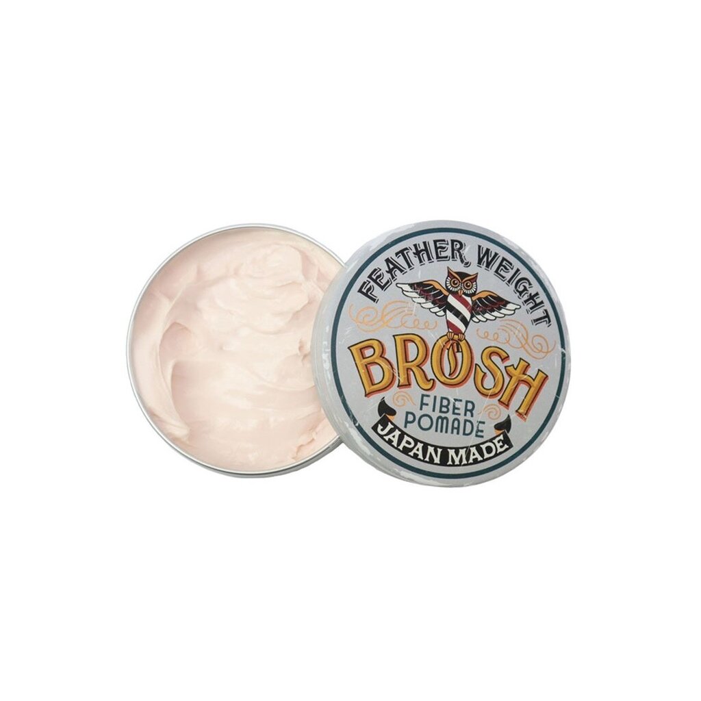 BROSH Original Fiber Pomade, lata abierta con crema rosa y textura, tapa al lado