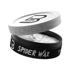 Level3 Spider Wax, tarro abierto con tapa inclinada, cera transparente visible, estudio blanco
