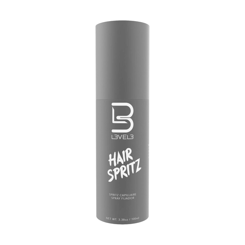 Level3 Hair Spritz, vista frontal de botella de spray gris con etiqueta, estudio blanco