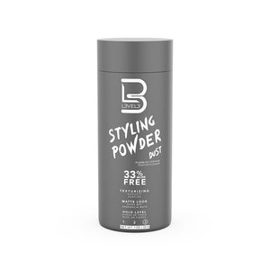 Level3 Styling Powder, vista frontal de bote espolvoreador gris con etiqueta, estudio blanco