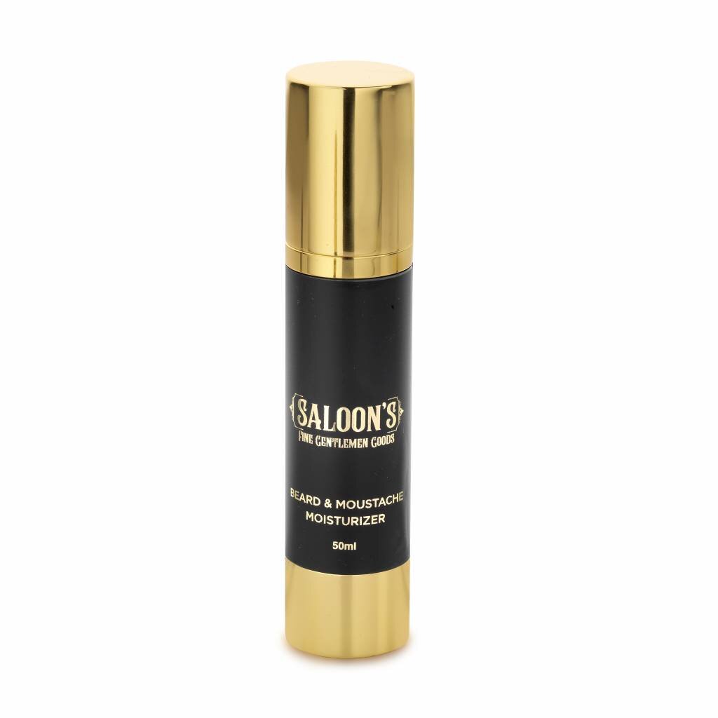 Saloon's Beard & Moustache Moisturizer, vista frontal de botella negra con dosificador y tapón dorado, 50 ml