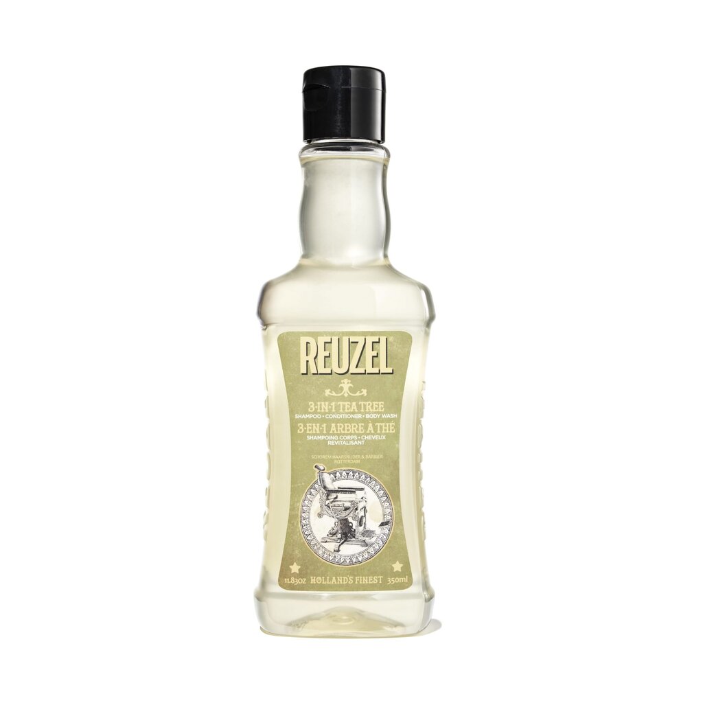 Reuzel 3-in-1 Tea Tree Shampoo 350ml, vista frontal de botella sobre blanco