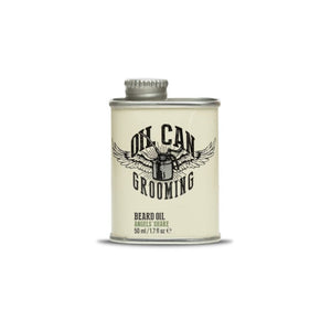 Oil Can Grooming Aceite para barba Angels' Share, vista frontal de lata sobre fondo blanco