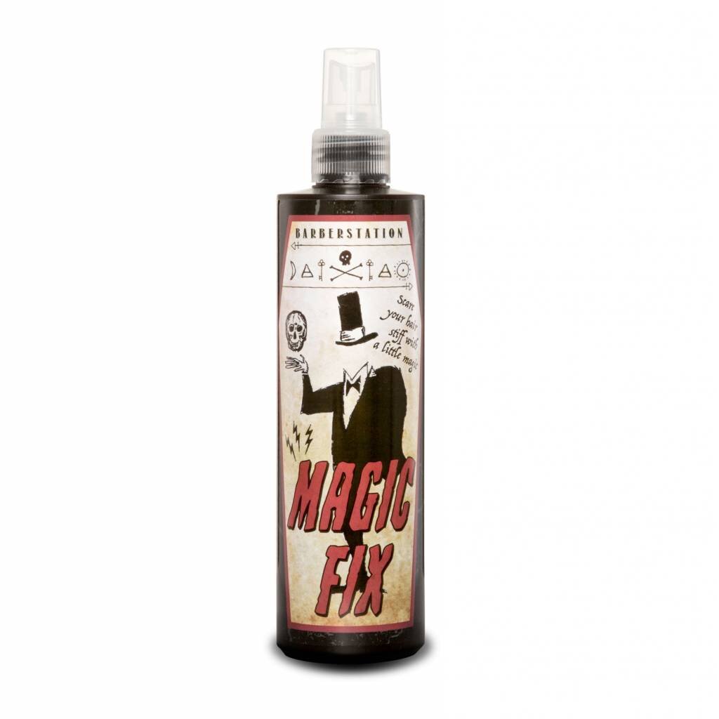Barberstation Magic Fix Grooming Tonic, vista frontal de botella de spray con etiqueta vintage