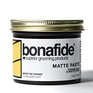 Bona Fide Matte Paste - tarro con etiqueta blanca y vista lateral del texto Matte Paste