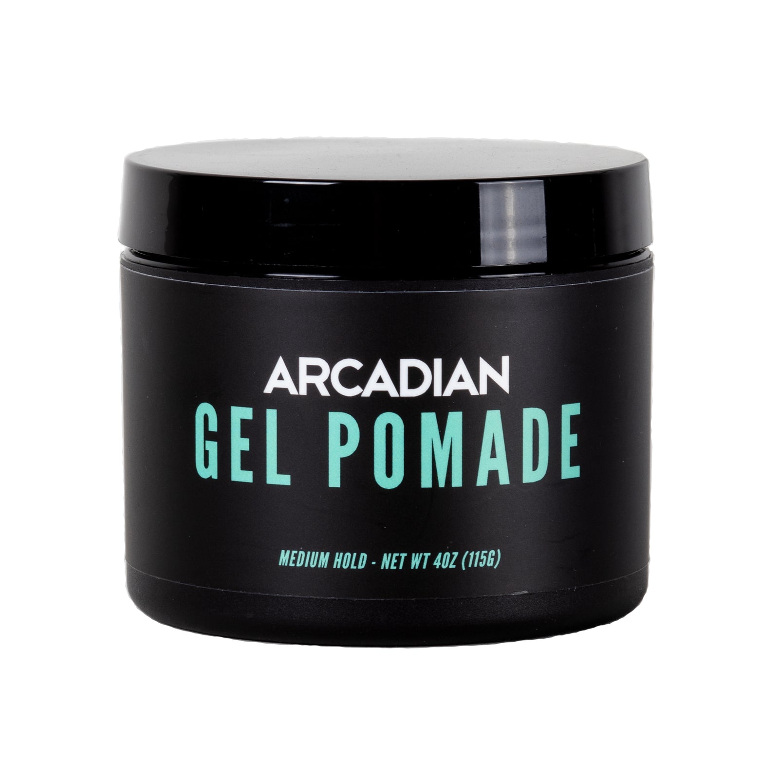 Arcadian Gel Pomada, vista frontal del tarro negro con letras verdes