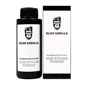 Slick Gorilla Hairstyling Powder - bote espolvoreador con logo de mono junto a la caja de embalaje