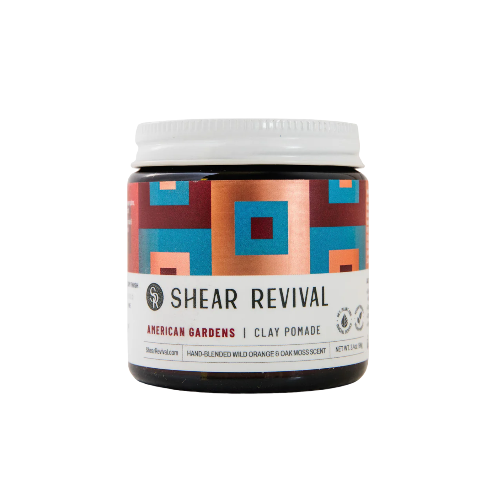 Shear Revival American Gardens Clay Pomade, vista frontal del tarro con tapa blanca.