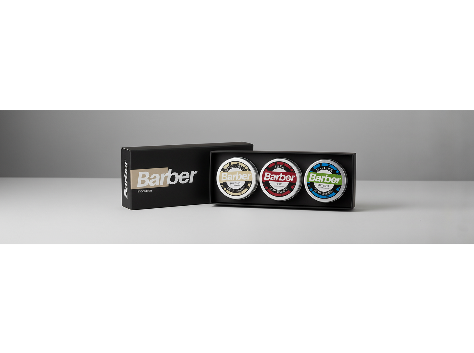 Barberproductos Samplebox, caja negra con tres tarros en su envase.