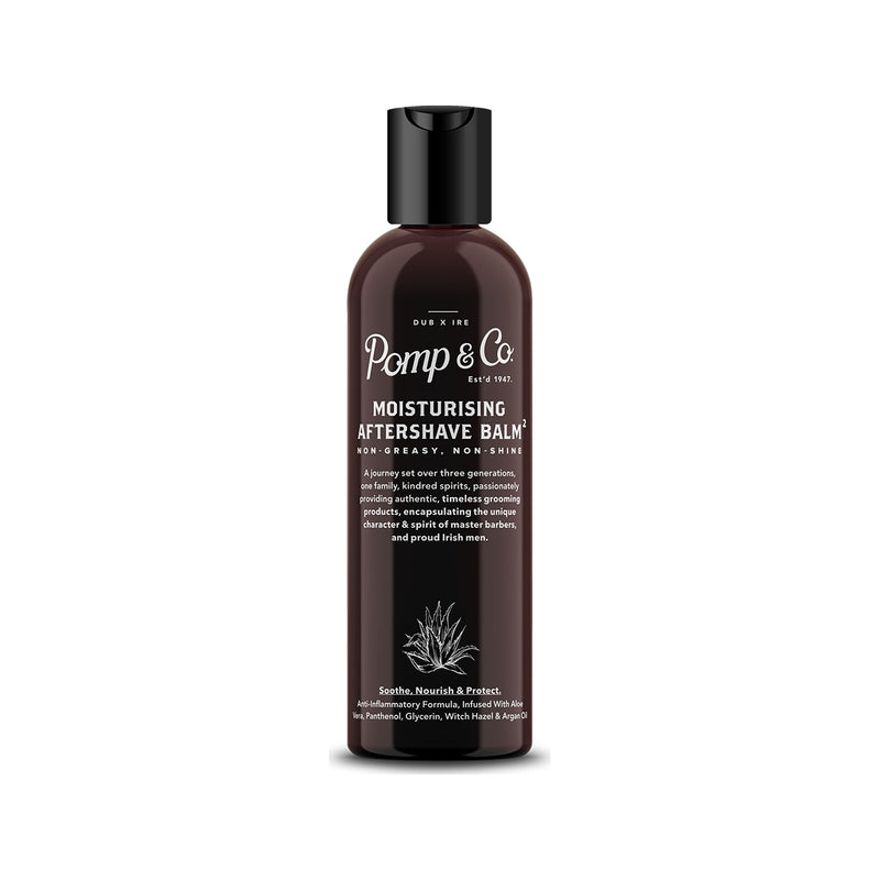 Pomp & Co. After Shave Balm, bote marrón de 100 ml, vista frontal con etiqueta
