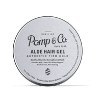 Pomp & Co. Aloe Hair Gel, lata plateada vista desde arriba con tapa impresa