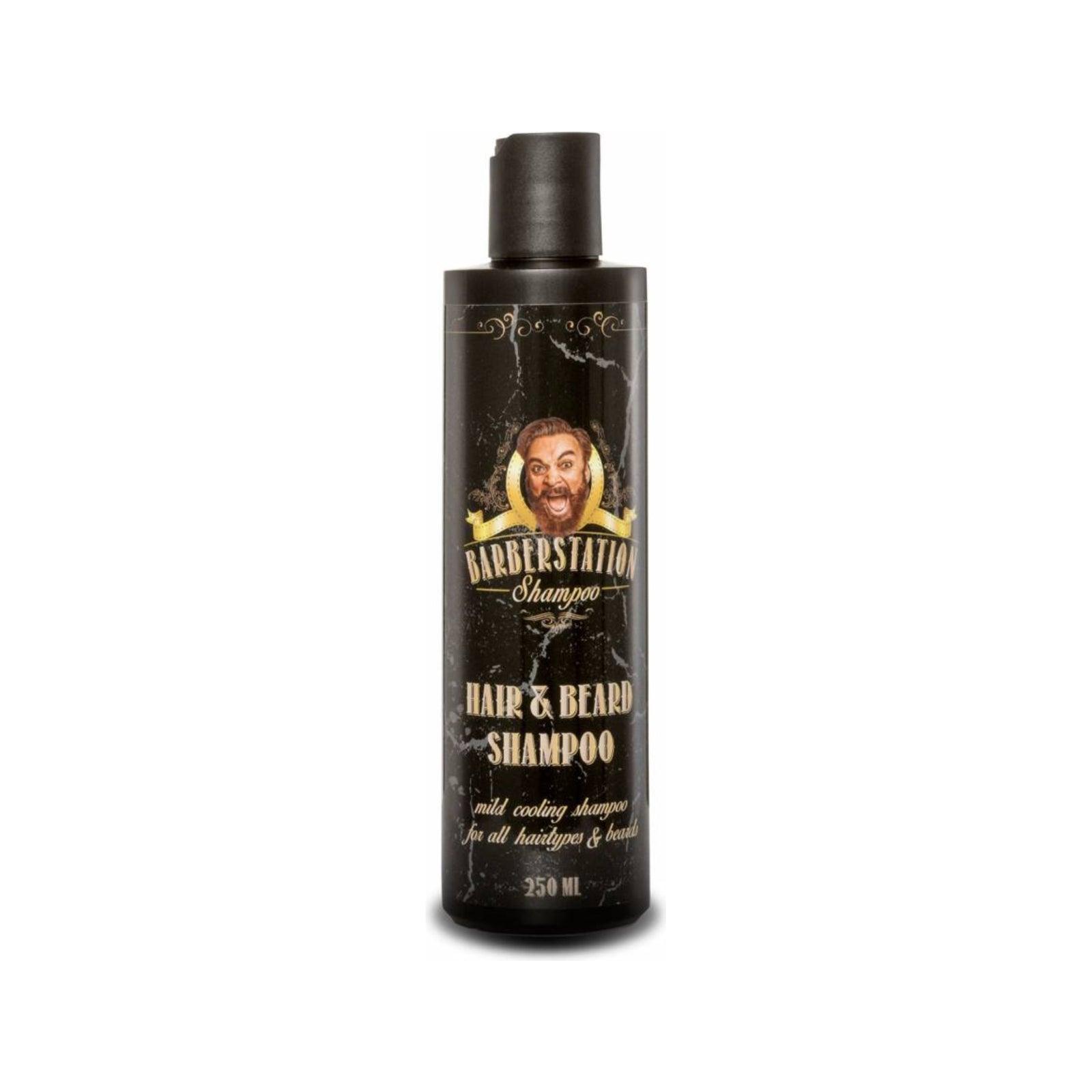 Barberstation Hair & Beard Shampoo - vista frontal de botella negra de 250 ml