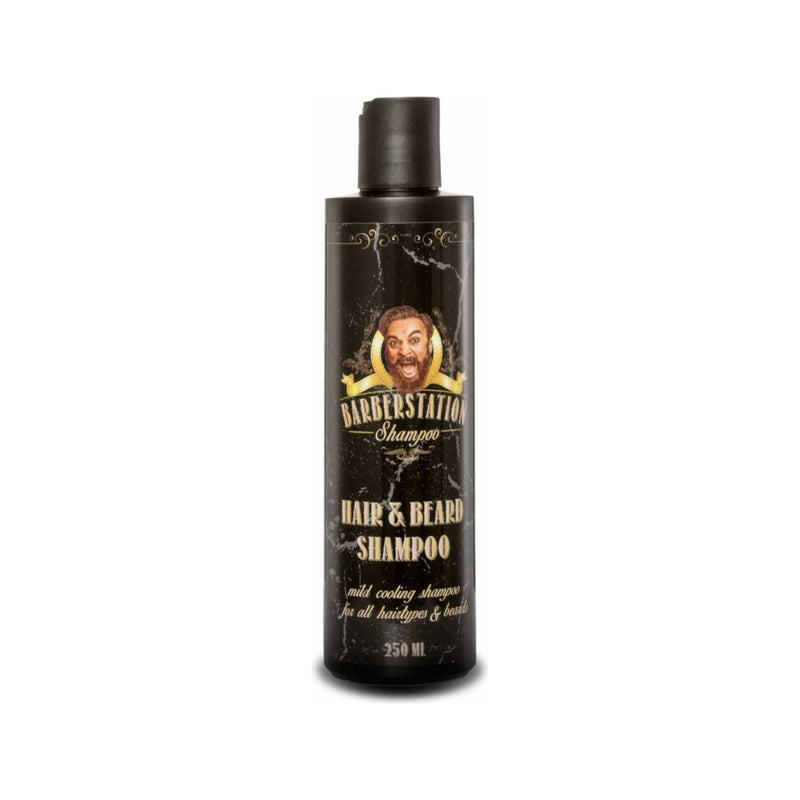 Barberstation Hair & Beard Shampoo - vista frontal de botella negra de 250 ml
