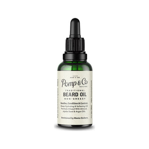 Pomp & Co. Beard Oil, vista frontal del frasco de cristal verde con pipeta y etiqueta