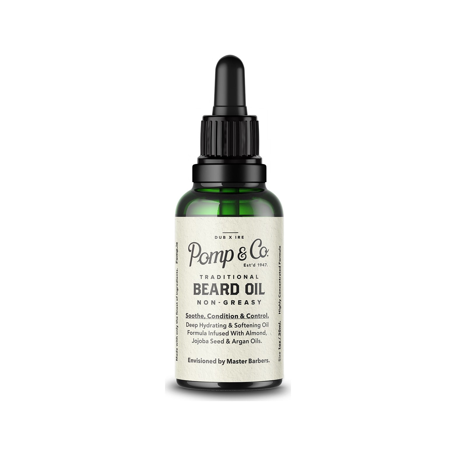 Pomp & Co. Beard Oil, vista frontal del frasco de cristal verde con pipeta y etiqueta