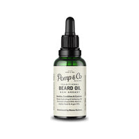 Pomp & Co. Beard Oil, vista frontal del frasco de cristal verde con pipeta y etiqueta