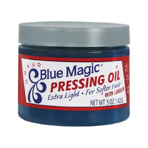 Blue Magic Pressing Oil Extra Light - tarro azul oscuro con etiqueta roja y blanca