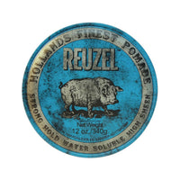 Reuzel Blue Pomade, parte superior de la lata azul de 340 g con logo de cerdo
