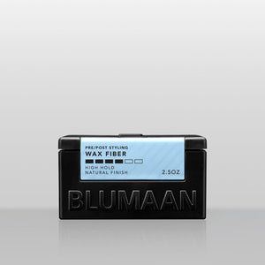 Blumaan Wax Fiber, vista frontal del tarro negro con etiqueta azul claro, fijación alta