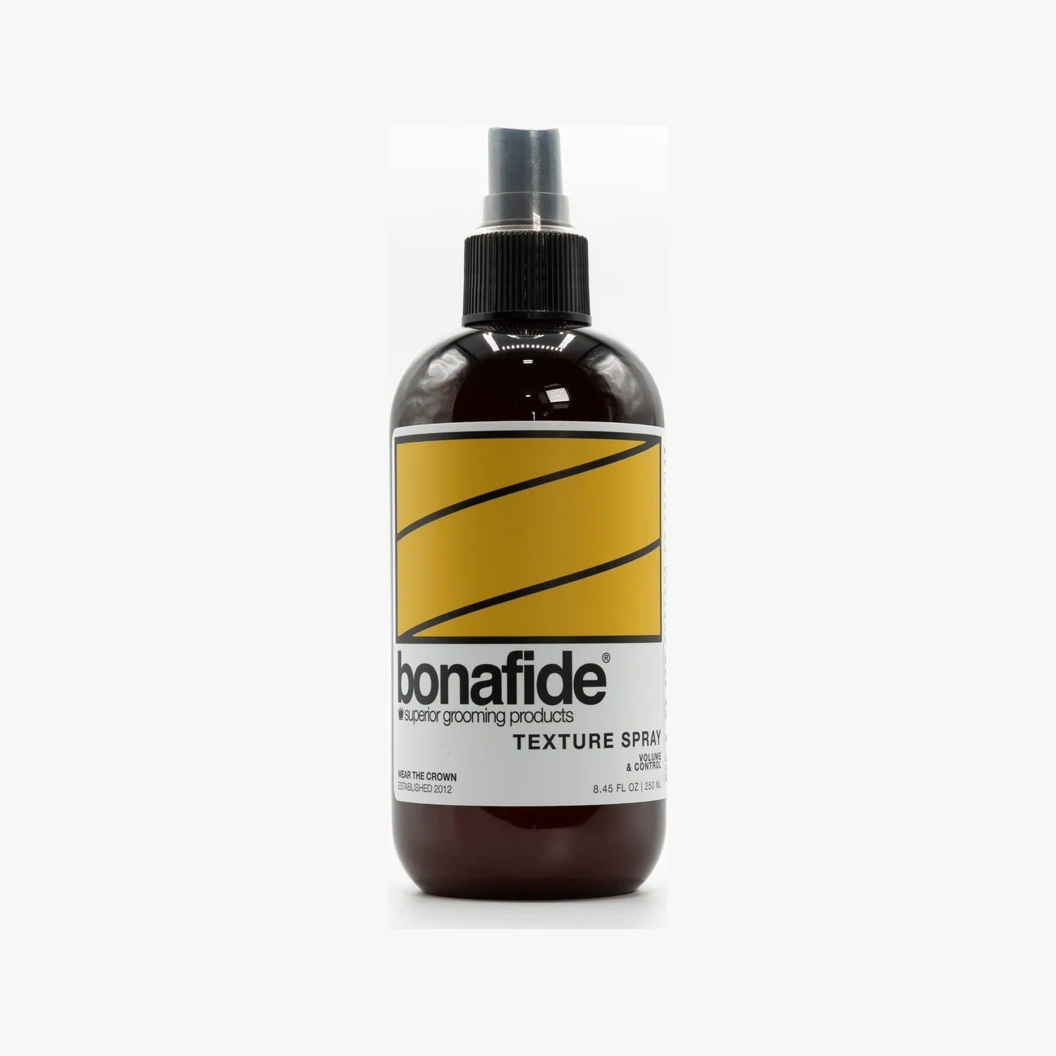 Bona Fide Texture Spray, botella de spray marrón con etiqueta amarilla, vista frontal