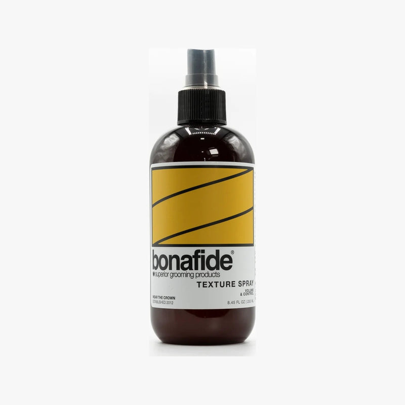 Bona Fide Texture Spray, botella de spray marrón con etiqueta amarilla, vista frontal