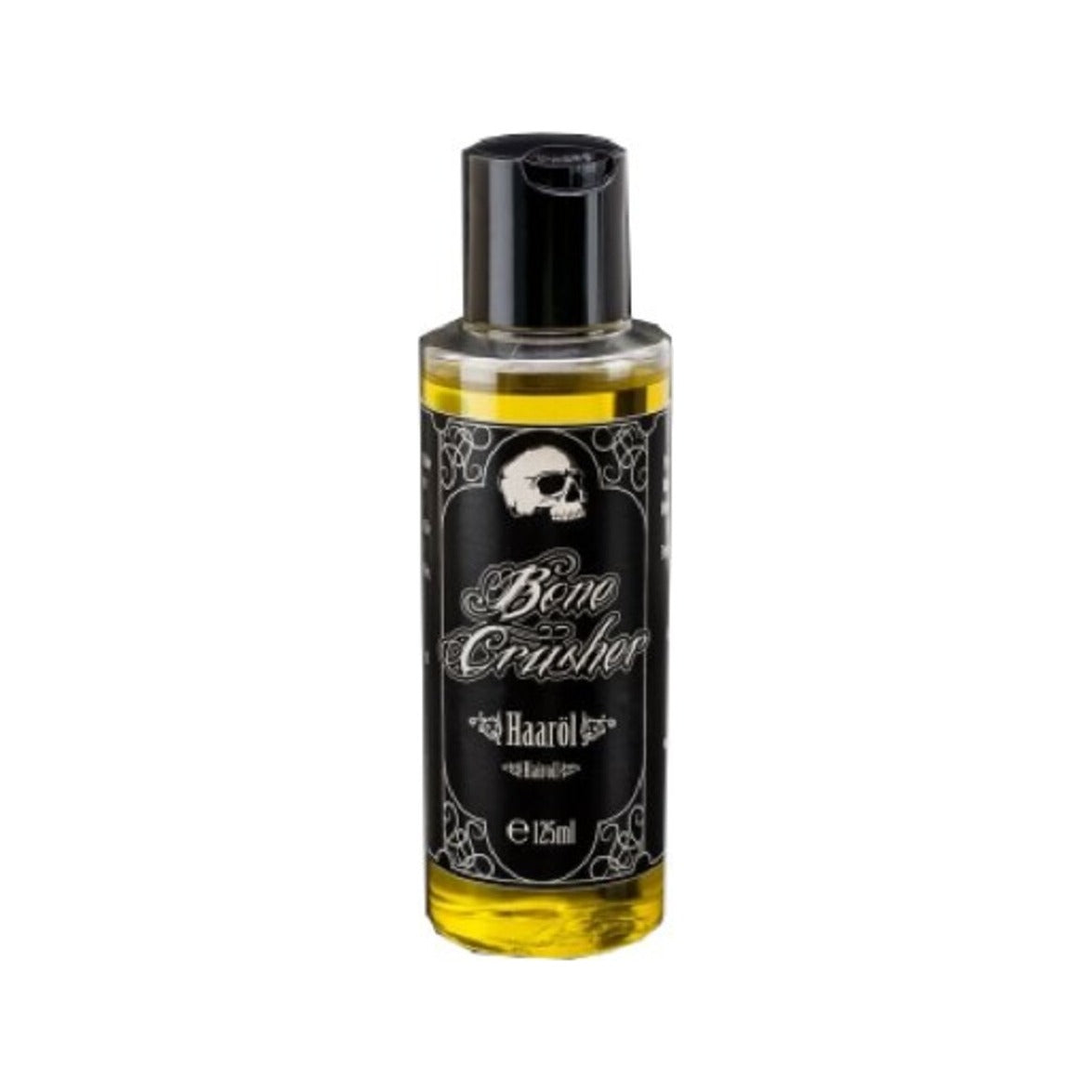 Bone Crusher Aceite capilar - vista frontal de botella de 125 ml con etiqueta de calavera y aceite amarillo