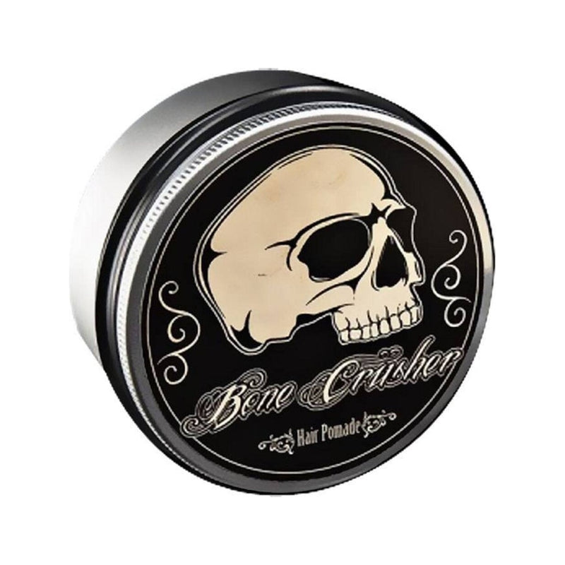 Bone Crusher Pomade, vista superior de lata cerrada con etiqueta de calavera