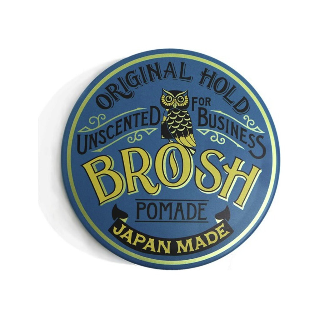 BROSH Unscented Original Hold Pomade - primer plano de tapa azul con logo de búho