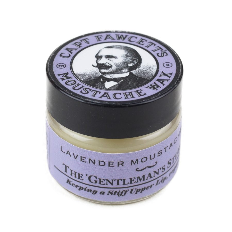 Captain Fawcett's Moustache Wax Lavender - tarro cerrado con etiqueta morada y logo de hombre con bigote