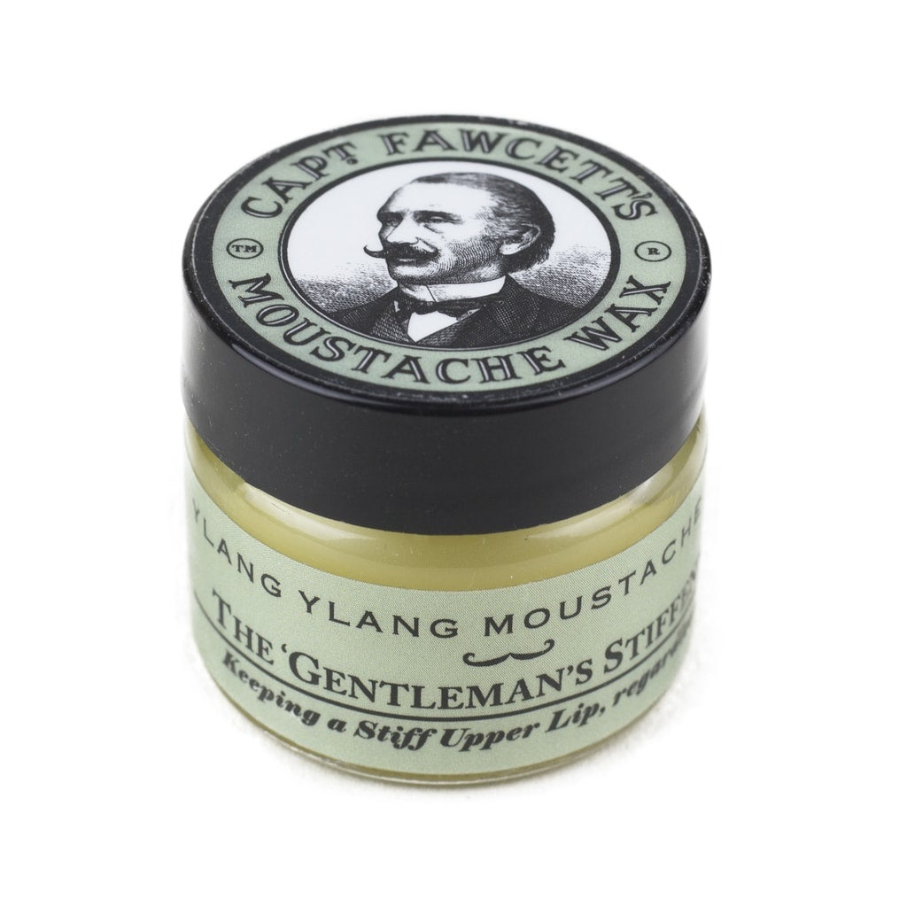 Captain Fawcett's Moustache Wax Ylang Ylang - tarro cerrado con etiqueta verde y logo de hombre con bigote