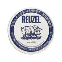 Reuzel Clay Matte Pomade, vista superior de la lata blanca con borde azul de 113 gramos