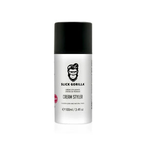 Slick Gorilla Cream Styler - botella blanca con tapón negro, vista frontal con logo de mono