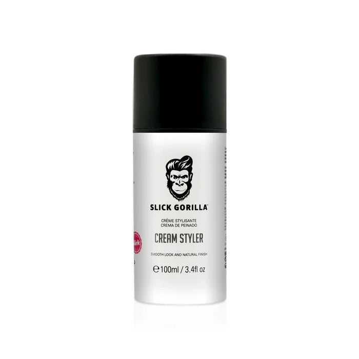 Slick Gorilla Cream Styler - botella blanca con tapón negro, vista frontal con logo de mono